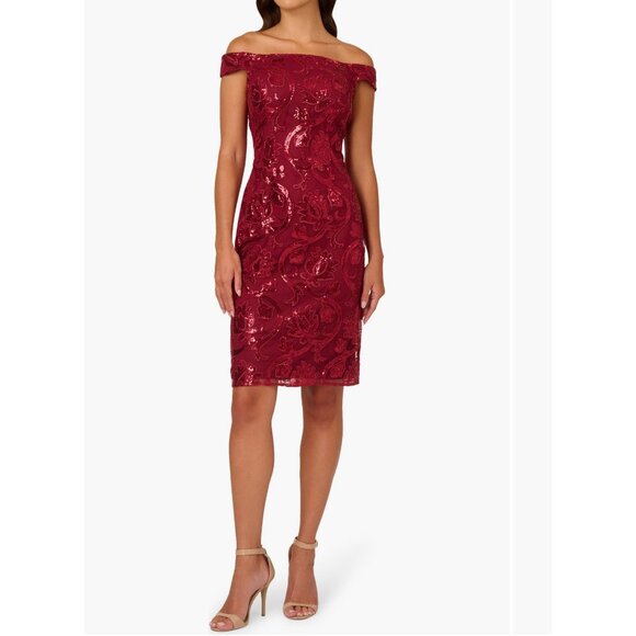 Adrianna Papell Garnet Red Off-Shoulder Sheath Dress Size 2 - Sequin Floral Embe - Picture 1 of 7